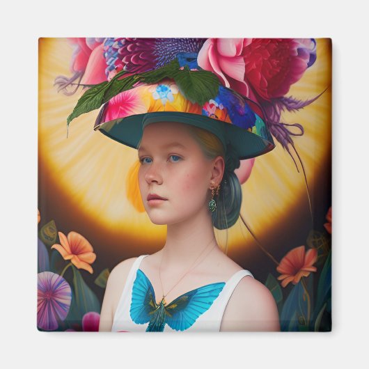 Een dame met een pet voor de blote zon magneet (Voorkant)