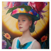 Een dame met een pet voor de blote zon tegeltje (Voorkant)