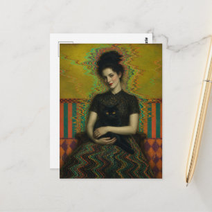 Een dame met een zwarte kat Glitch Art Briefkaart