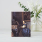 Een dame zit in het maagdenvlies briefkaart (Staand voorkant)