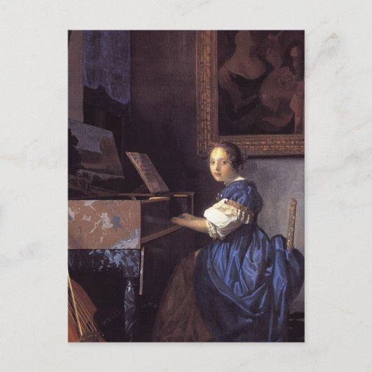 Een dame zit in het maagdenvlies briefkaart (Voorkant)