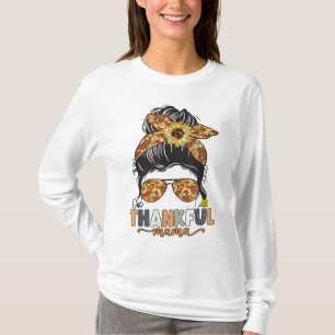 Een dankbare Mama Zonnebloem Messy Bun Herfst Dank T-shirt