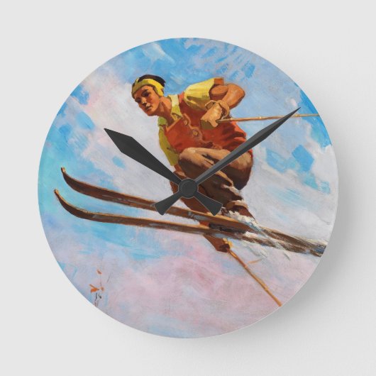 Een Dashing Skier van Endre Hollos Ronde Klok (Voorkant)