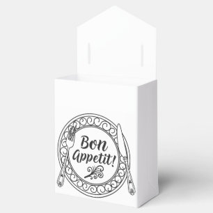 Een decoratief bon appetit bord met vork en mes bedankdoosjes
