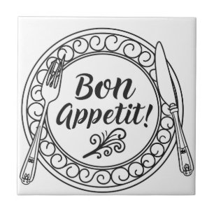 Een decoratief bon appetit bord met vork en mes tegeltje