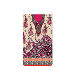 Een decoratief paisley-ontwerp met levendige rode  etiket