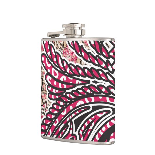 Een decoratief paisley-ontwerp met levendige rode  heupfles (Links)