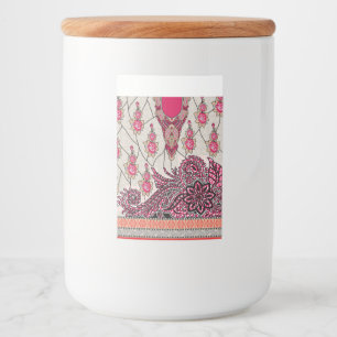 Een decoratief paisley-ontwerp met levendige rode voedselcontainer etiket