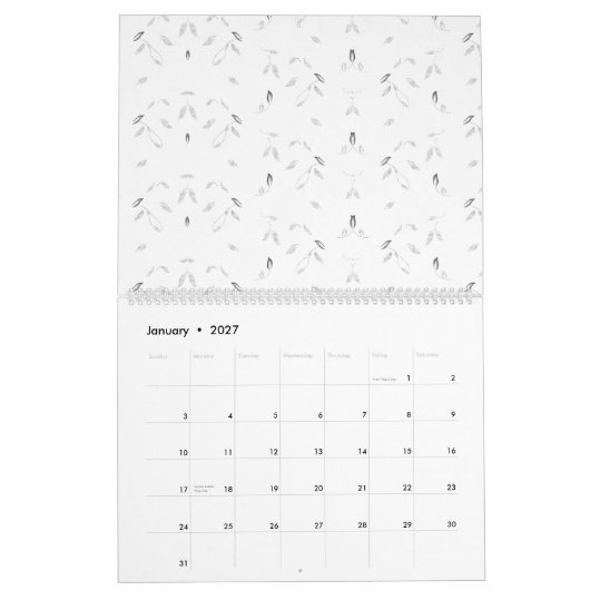 Een decoratief patroon met wit en grijs blad kalender (Jan 2027)
