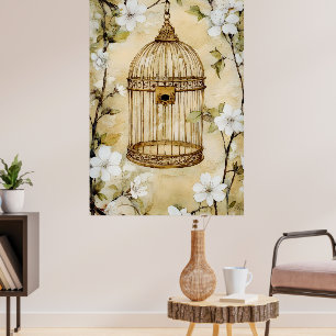 Een decoratieve, vintage-achtige vogelkooi hangend poster