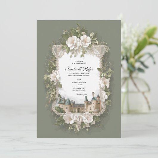 Een delicate traditionele bruiloft uitnodiging (Staand voorkant)