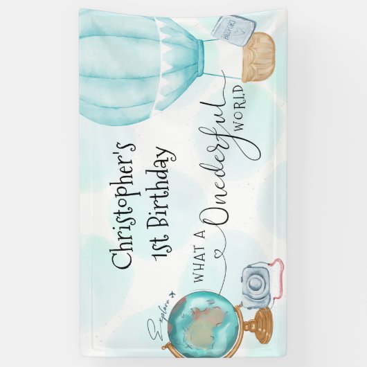 EÉN derdevolle World Blue Hot Air ballon, 1e verja Spandoek (Verticaal)