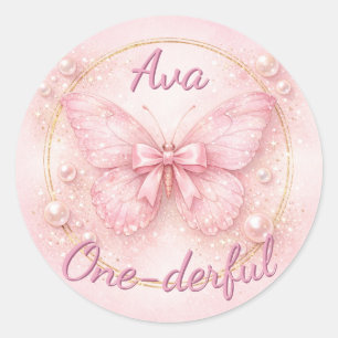 Eén-derful Roze Vlinder 1e Verjaardag  Ronde Sticker