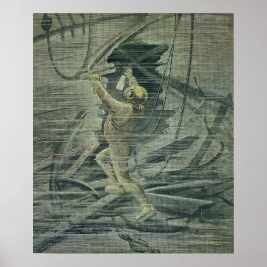 Een diep Zee duiker die naar de wrakken kijkt Poster (Voorkant)