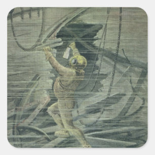 Een diep Zee duiker die naar de wrakken kijkt Vierkante Sticker