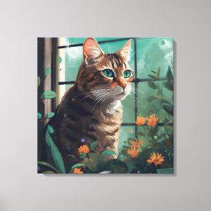 Een digitaal portret van een kat op canvas afdruk
