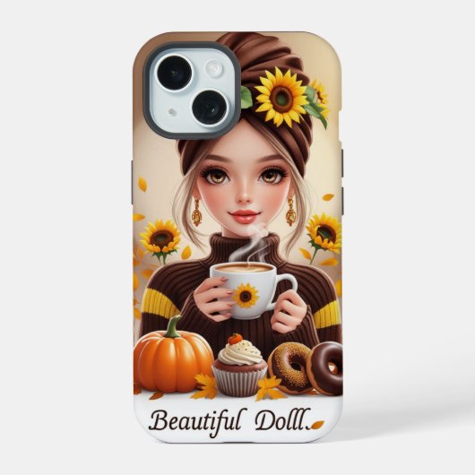 Een digitale illustratie van een pop in telefoonho iPhone 15 case (Achterkant)