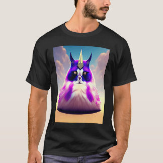 Een dikke vette pluizige paarse kat met een eenhoo t-shirt