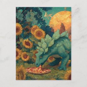 Een dino die een pizza eet briefkaart