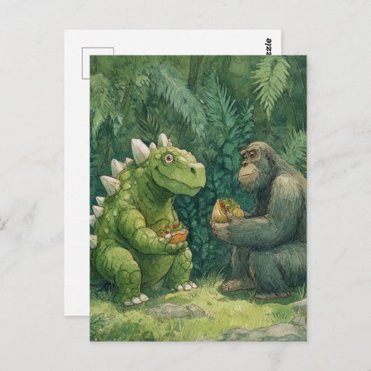 Een dino die een taco-salade eet met een gorilla briefkaart (Voorkant / Achterkant)