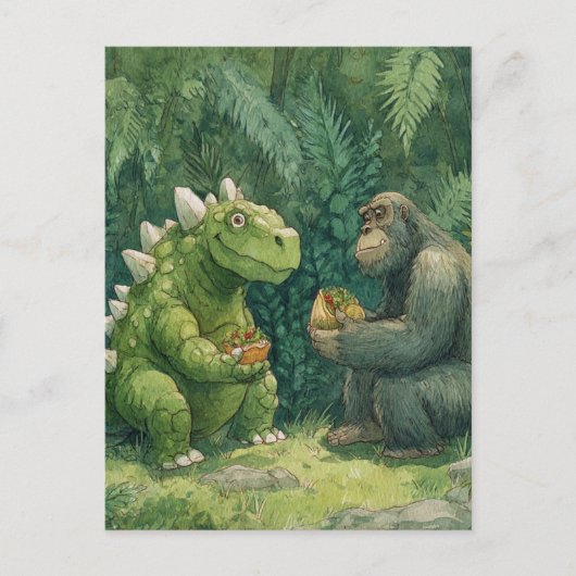 Een dino die een taco-salade eet met een gorilla briefkaart (Voorkant)