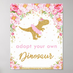 Een Dinosaur Birthday Party Sign Floral T-rex aann Poster