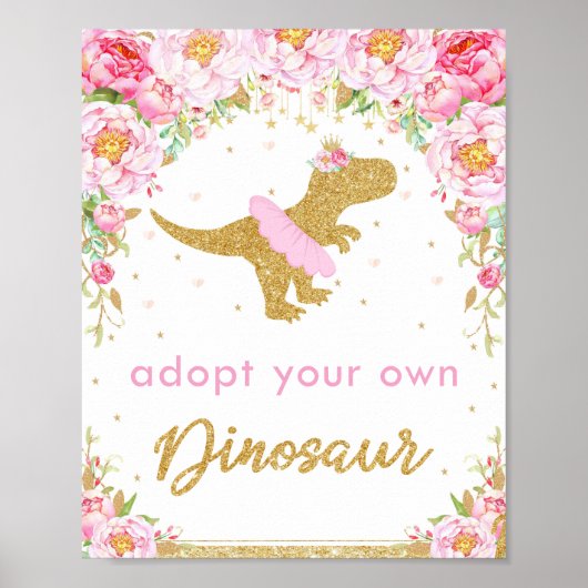 Een Dinosaur Birthday Party Sign Floral T-rex aann Poster (Voorkant)