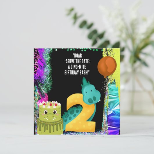 Een dinosaurus 2e verjaardag save the date (Staand voorkant)