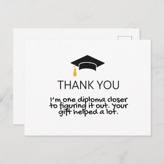 "Eén diploma dichterbij" Grappige afstudeer-bedank Briefkaart (Voorkant / Achterkant)