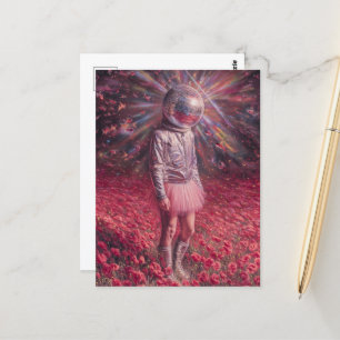 Een disco astronaut in een klaprozenwei met een ro briefkaart
