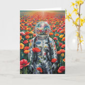 Een discoastronaut in een papaverweide kaart (Gele Bloem)