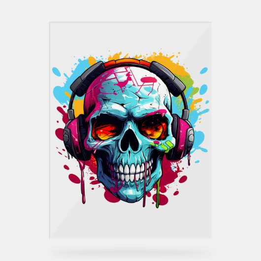 Een DJ POP ART SKULL Acryl Teken Acryl Bord (Voorkant)