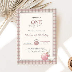 Eén domme eend Roze strik baby 1e verjaardagsfeest Kaart