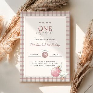 Eén domme eend Roze strik baby 1e verjaardagsfeest Kaart
