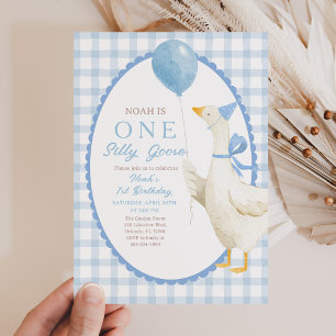 Een domme gans 1e verjaardag: Blauwe Gingham Kaart
