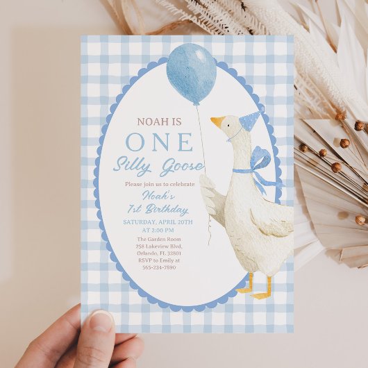 Een domme gans 1e verjaardag: Blauwe Gingham Kaart