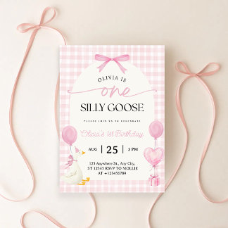 Eén Domme Gans Blauw Roze Gingham 1e Verjaardag Kaart
