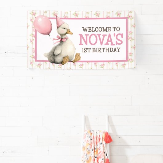 Eén domme gans gepersonaliseerde roze 1e verjaarda spandoek (Insitu)