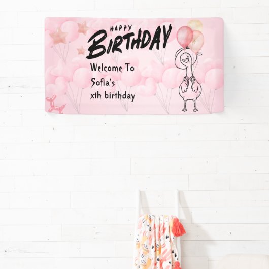 Eén domme gans gepersonaliseerde roze 1e verjaarda spandoek (Insitu)