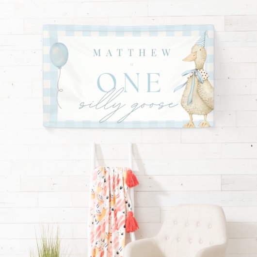 Een domme gans geruite blauwe jongen 1e verjaardag spandoek (Insitu)