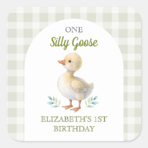 Eén domme gans groen geruit baby eerste verjaardag vierkante sticker