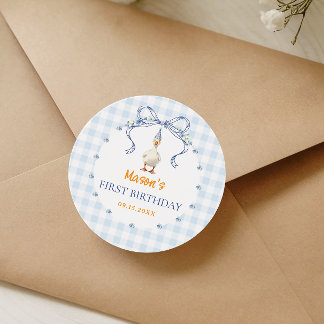 Eén domme gans Jongen eerste verjaardag Blauw geru Ronde Sticker