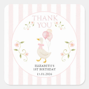 Eén domme gans meisje 1e verjaardag roze dank je vierkante sticker