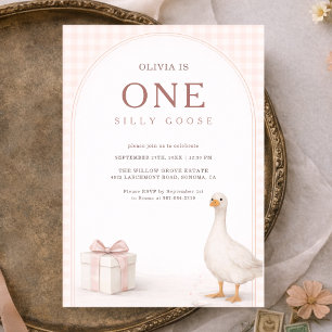 Eén domme gans met roze strik meisje 1e verjaardag kaart