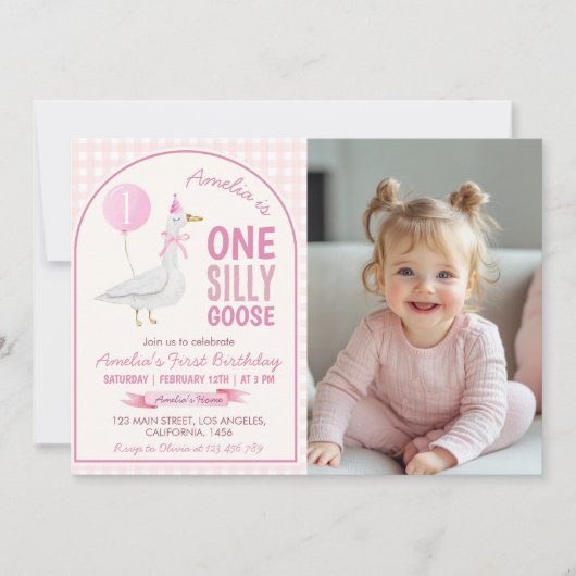 Een Domme Gans Roze Ballon Verjaardag Foto Uitnodi Bedankkaart (Voorkant)