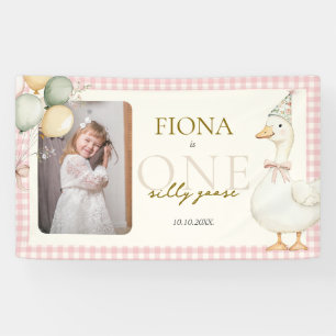 Eén domme gans roze geruite 1e verjaardagsfoto spandoek