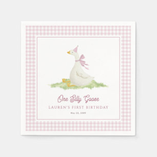 Eén domme gans roze geruite eerste verjaardag  servet