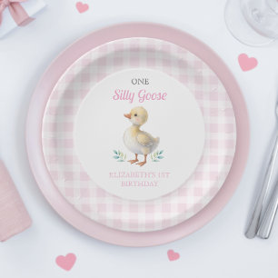 Eén domme gans roze geruite meisje eerste verjaard papieren bordje