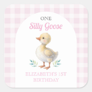 Eén domme gans roze geruite meisje eerste verjaard vierkante sticker
