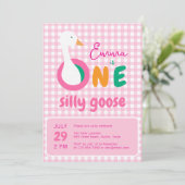 Eén domme gans roze ruit meisje 1e verjaardagsfees kaart (Staand voorkant)